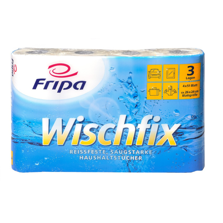 Fripa Wischfix Haushaltstücher 3-lagig h 4 x 51 Blatt, Zellstoff, 32 Rollen/Pack
